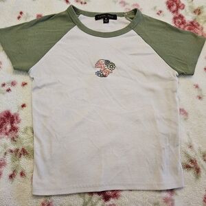 White Tee with Sage Green Raglan Sleeves and Embroidered Floral Mushroom